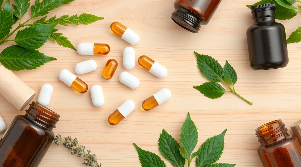 Assortiment de gélules et de plantes symbolisant les compléments alimentaires naturels