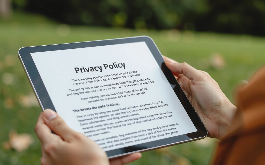 Une personne lisant un document de politique de confidentialité sur une tablette, symbolisant la transparence et la protection des données.