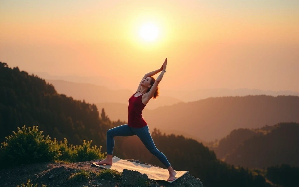 Femme pratiquant le yoga en pleine nature au lever du soleil